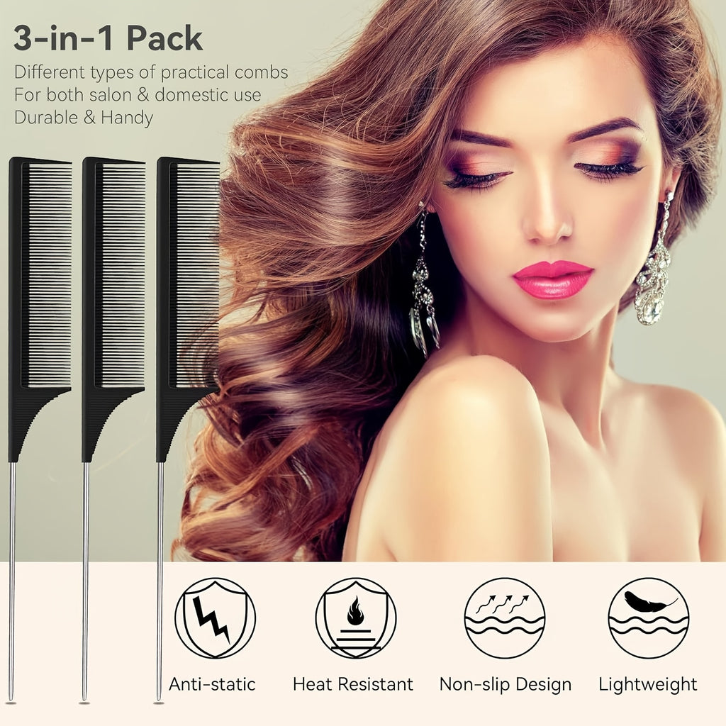 3 pack hair rat tail comb set parting teasing fine tooth