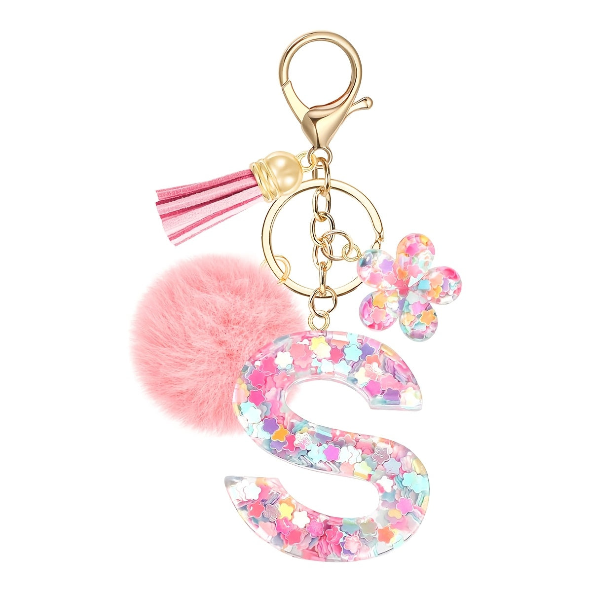 ladies initial keychain cute pink flower resin letter
