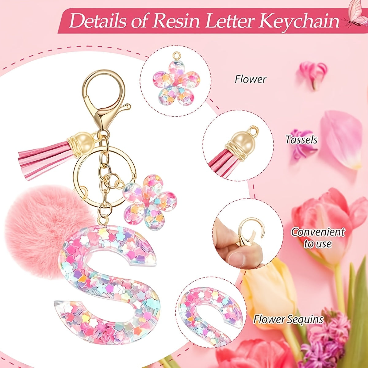 ladies initial keychain cute pink flower resin letter