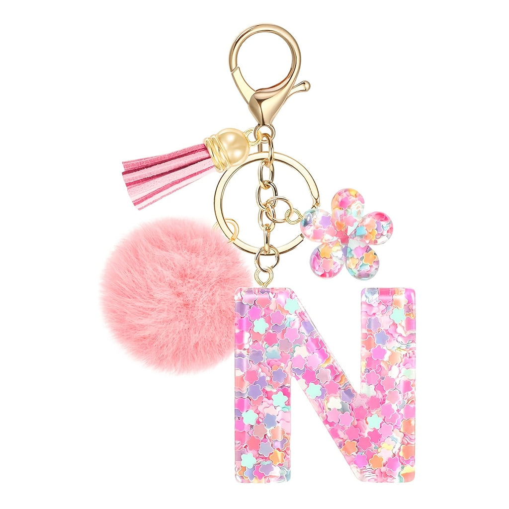 ladies initial keychain cute pink flower resin letter