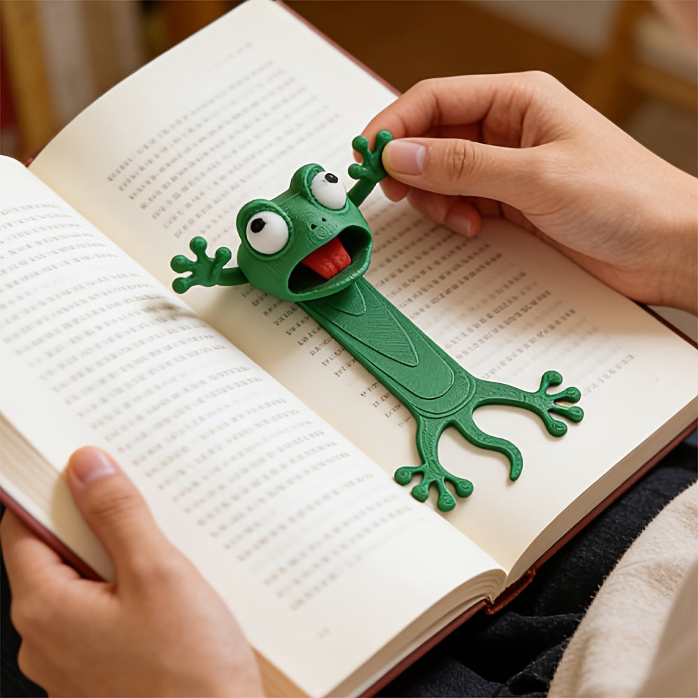 whimsical 3d stereoscopic slouchy frog bookmark reading book