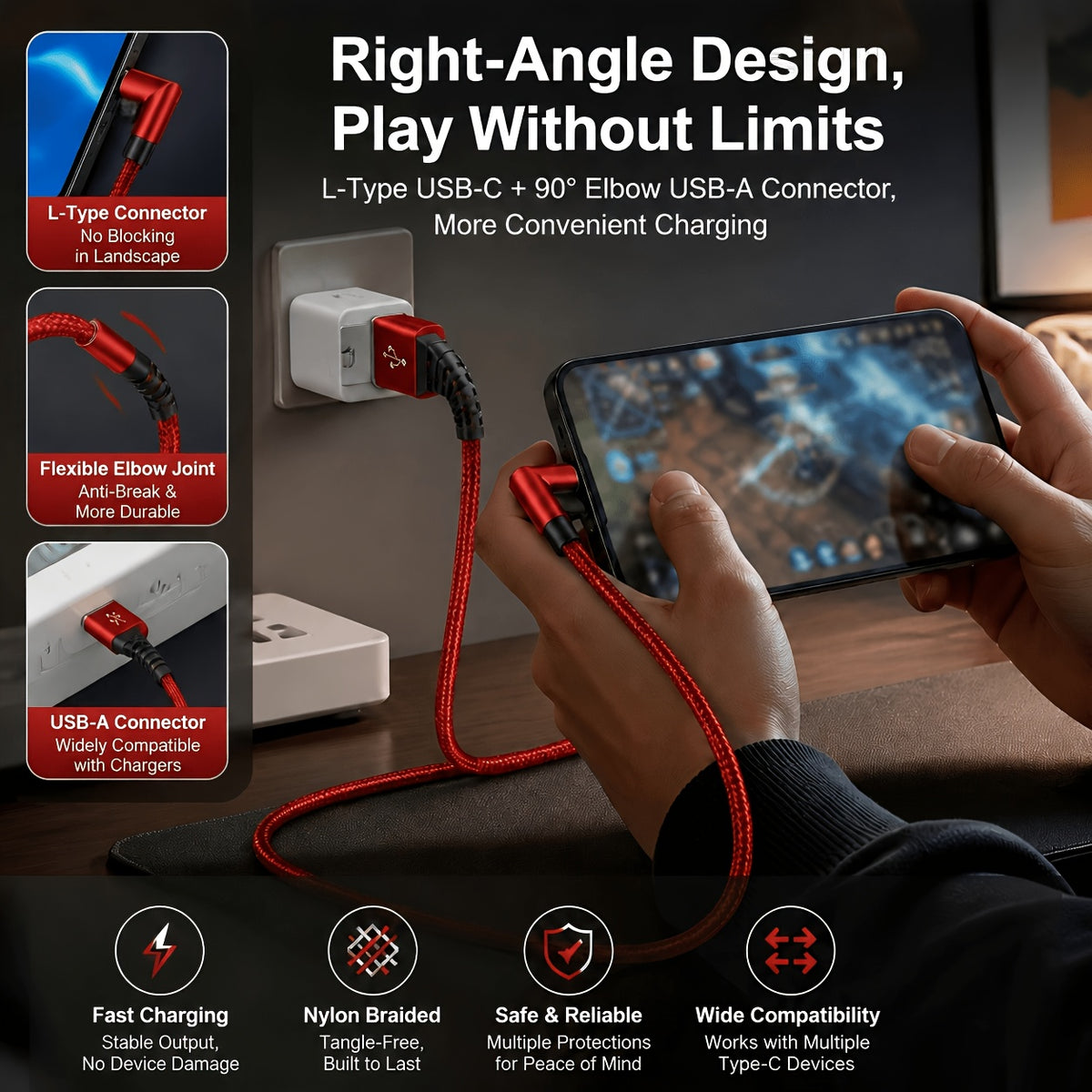usb right angle type c data cable supports fast charging