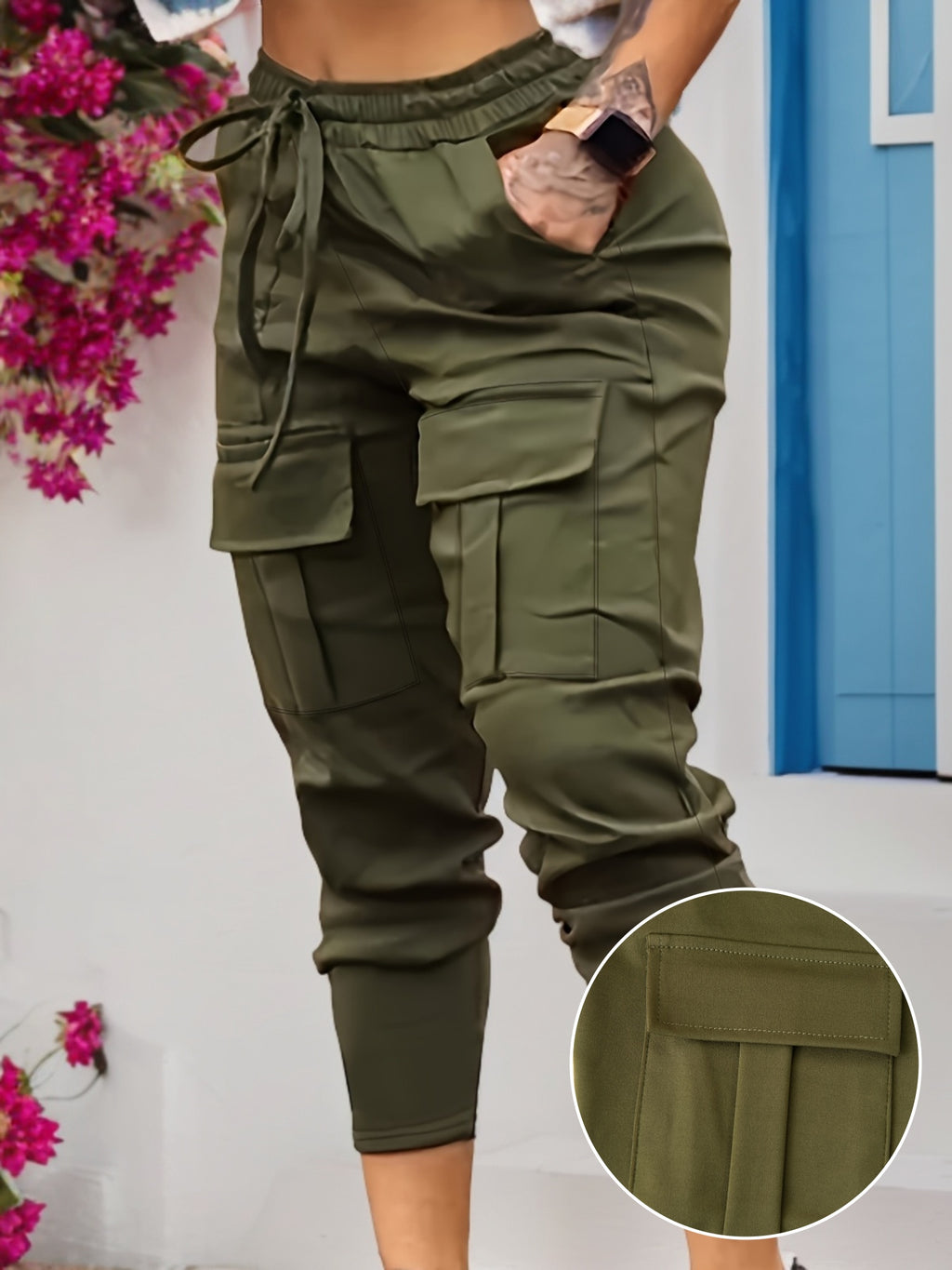 womens solid color covered pocket cargo joggers high stretch
