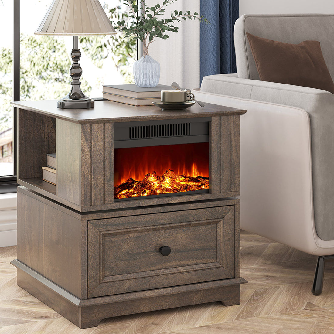 Bilbe Electric Fireplace End Table with Built-in Outlets and USB Ports, 23 Nightstand with Storage Drawer and 3D Flame Heater