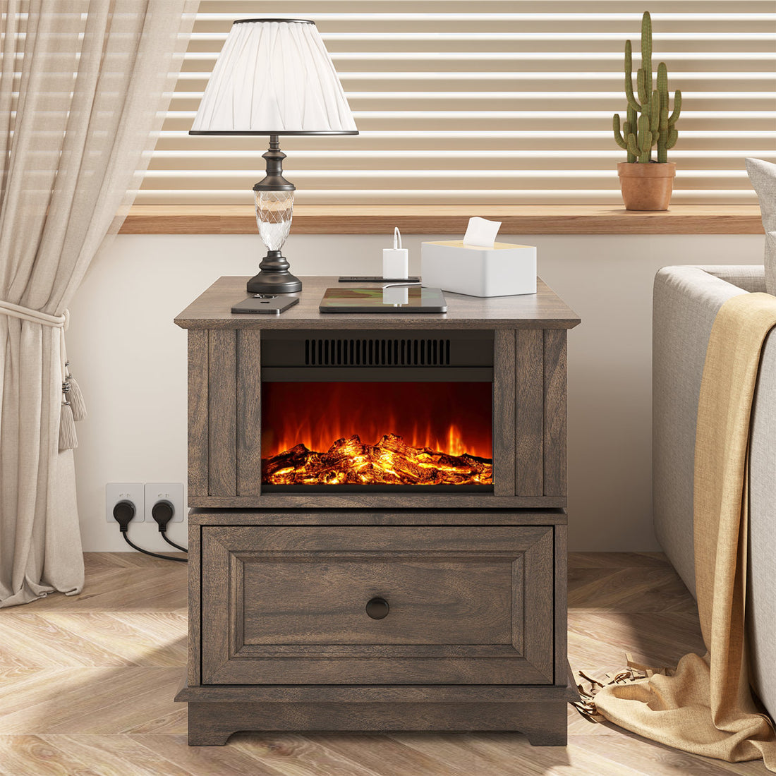 Bilbe Electric Fireplace End Table with Built-in Outlets and USB Ports, 23 Nightstand with Storage Drawer and 3D Flame Heater