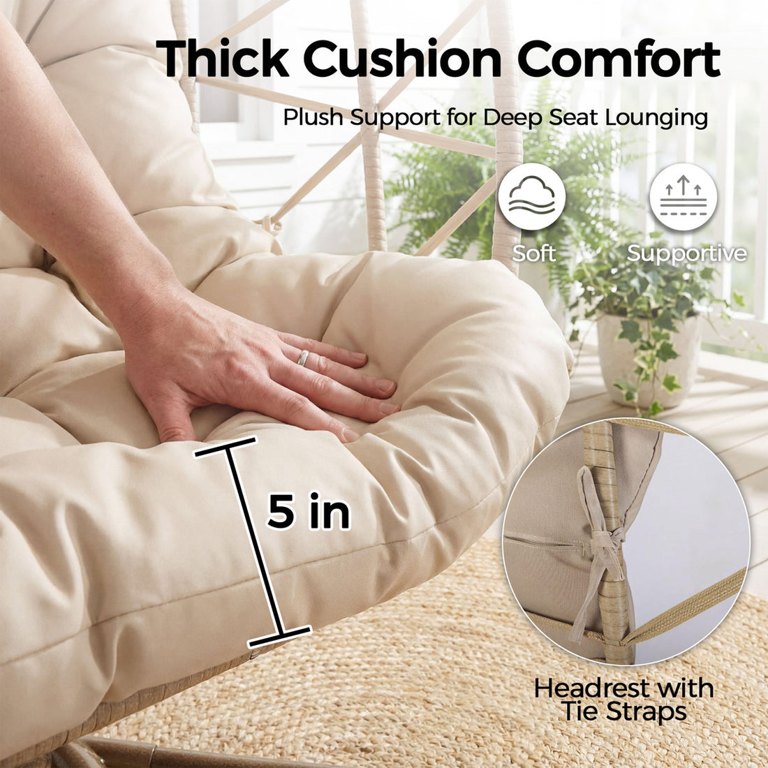 Celyne 2 Person Outdoor/Indoor Porch Swings with Stand Double Hanging Egg Chair with Cozy Cushion