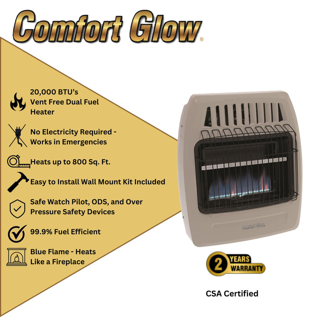 Comfort Glow Kozy World Blue Flame Vent-Free 20,000 BTU Gas Wall Heater, Natural Gas/LP - CGS259