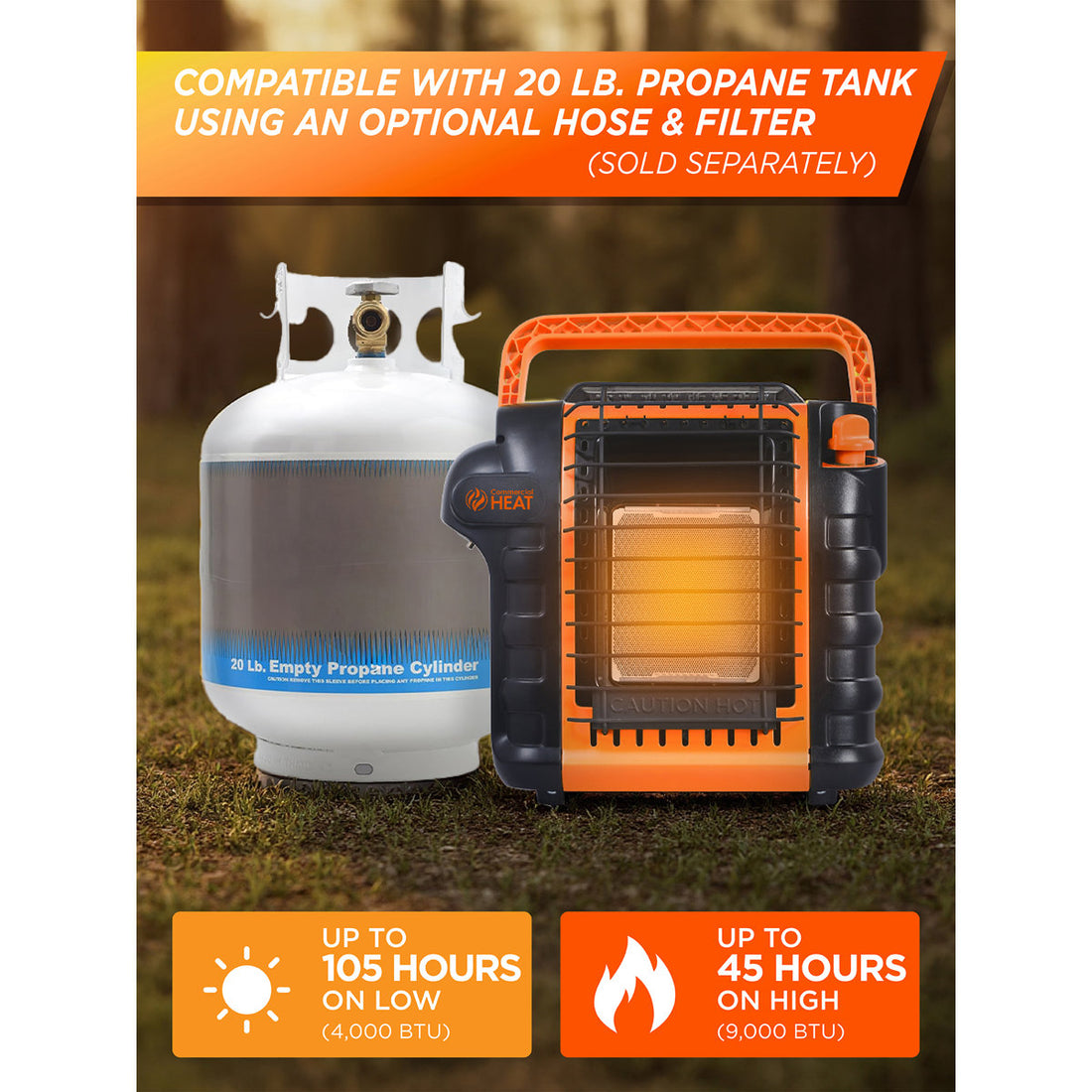 Commercial Heat 9000 Btu Portable Propane Heater For Outdoor Use, Patio Heater For Up To 300 Sq. Ft., 2 Heat Settings, Swivel Regulator Connects To 1 Lb. Propane Tank