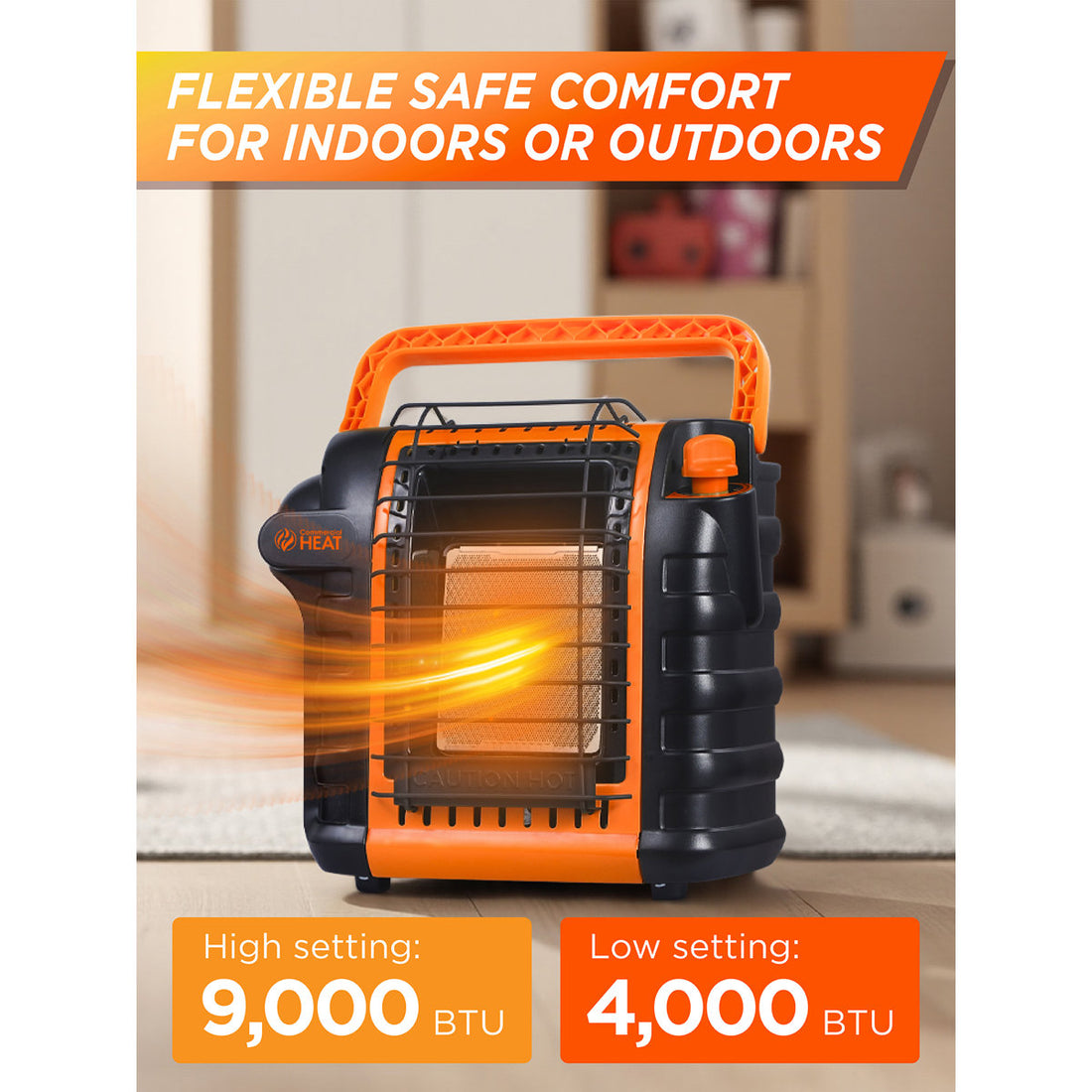 Commercial Heat 9000 Btu Portable Propane Heater For Outdoor Use, Patio Heater For Up To 300 Sq. Ft., 2 Heat Settings, Swivel Regulator Connects To 1 Lb. Propane Tank