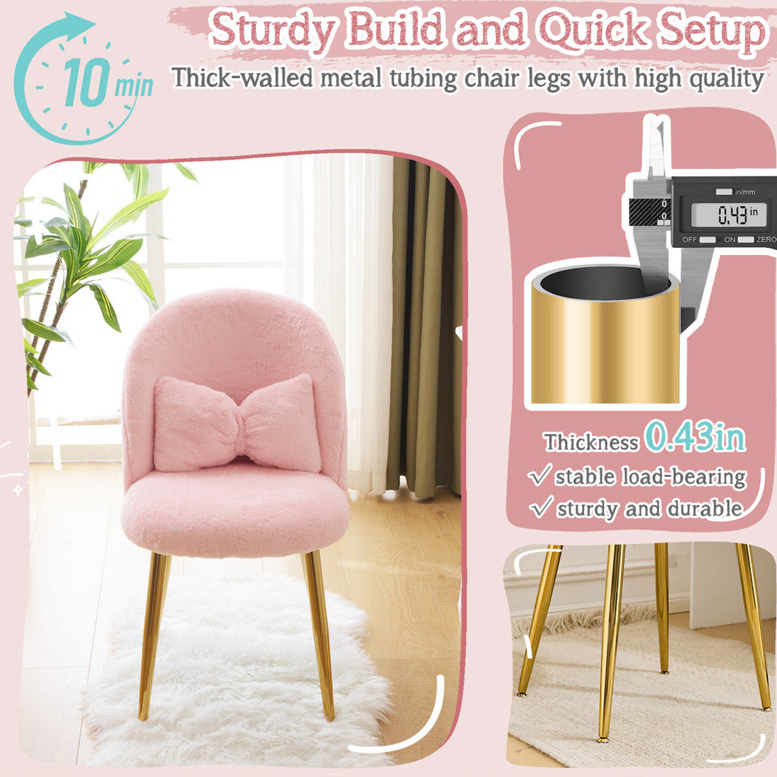 Faux Fur Vanity Chair with Pillow, with Golden Metal Legs for Bedroom Vanity Room