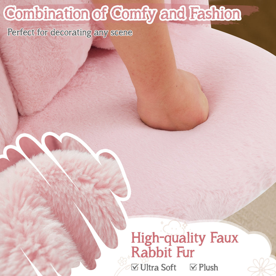 Faux Fur Vanity Chair with Pillow, with Golden Metal Legs for Bedroom Vanity Room