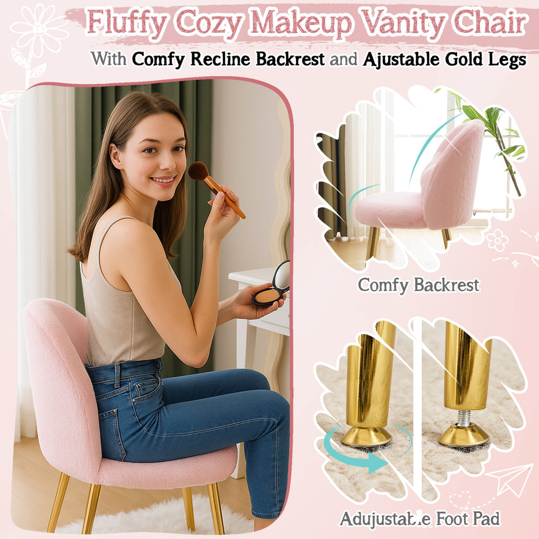 Faux Fur Vanity Chair with Pillow, with Golden Metal Legs for Bedroom Vanity Room