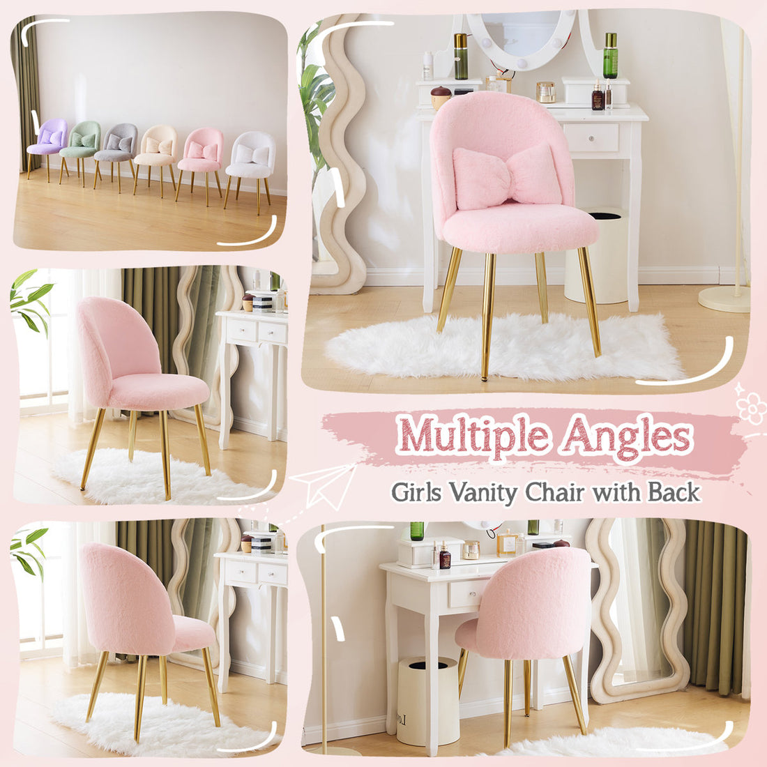 Faux Fur Vanity Chair with Pillow, with Golden Metal Legs for Bedroom Vanity Room