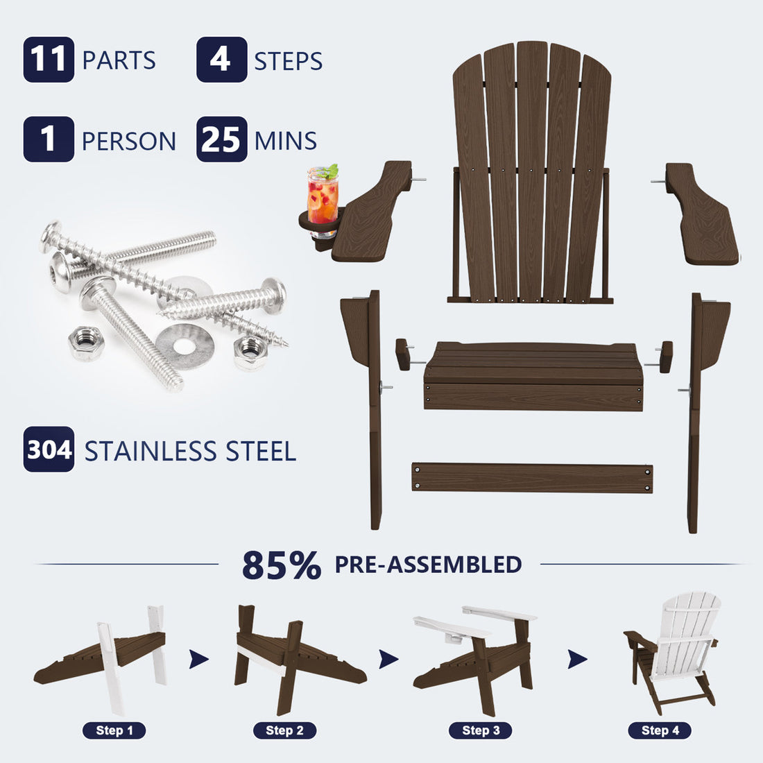 Folding Adirondack Chair, Wood Texture, Cup Holder, All-Weather HDPE for Poolside/Lawn, Coffee
