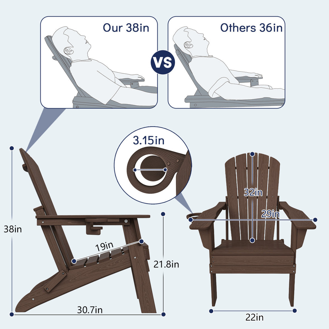 Folding Adirondack Chair, Wood Texture, Cup Holder, All-Weather HDPE for Poolside/Lawn, Coffee