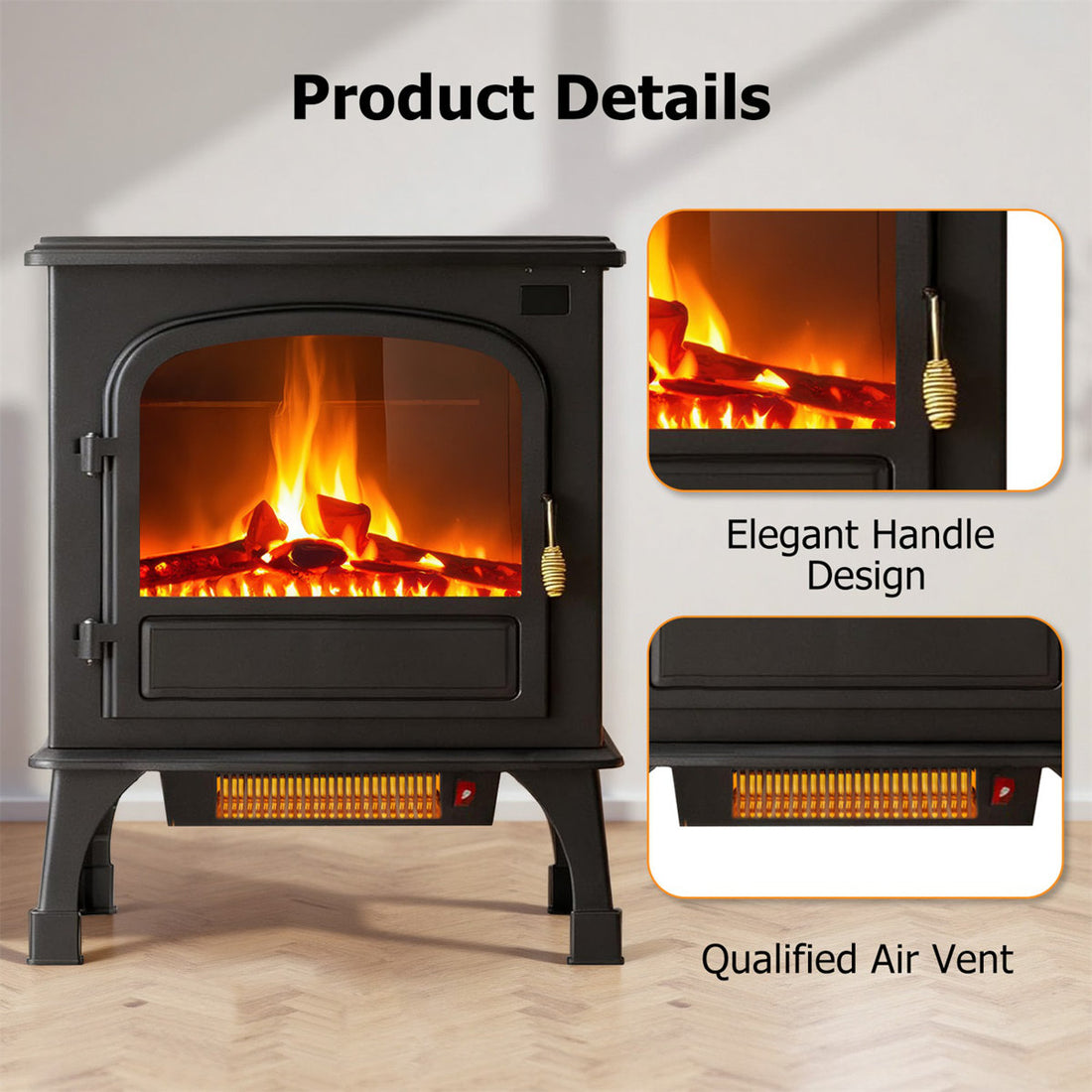 Freestanding Electric Fireplace Stove Heater With 3D Flame Effect And Remote Control