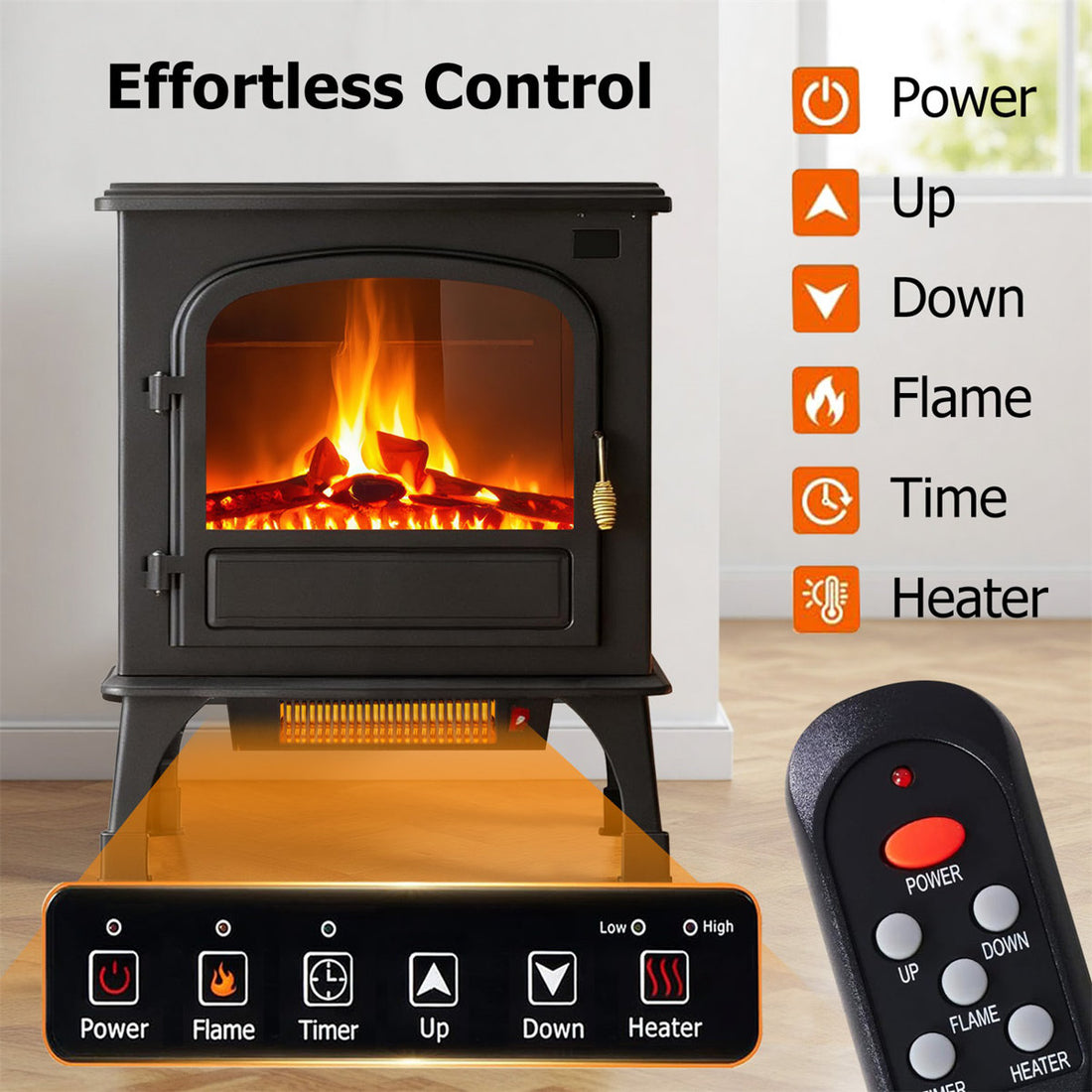 Freestanding Electric Fireplace Stove Heater With 3D Flame Effect And Remote Control