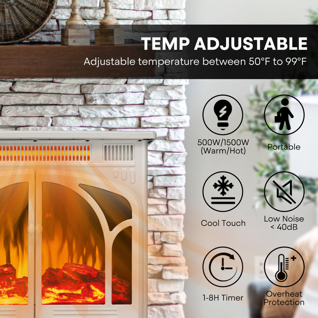 HAVATO 24 Electric Fireplace Stove - 3D Flame (12 Colors), Remote, 3-in-1 Heater + Timer, Safe for Bedroom