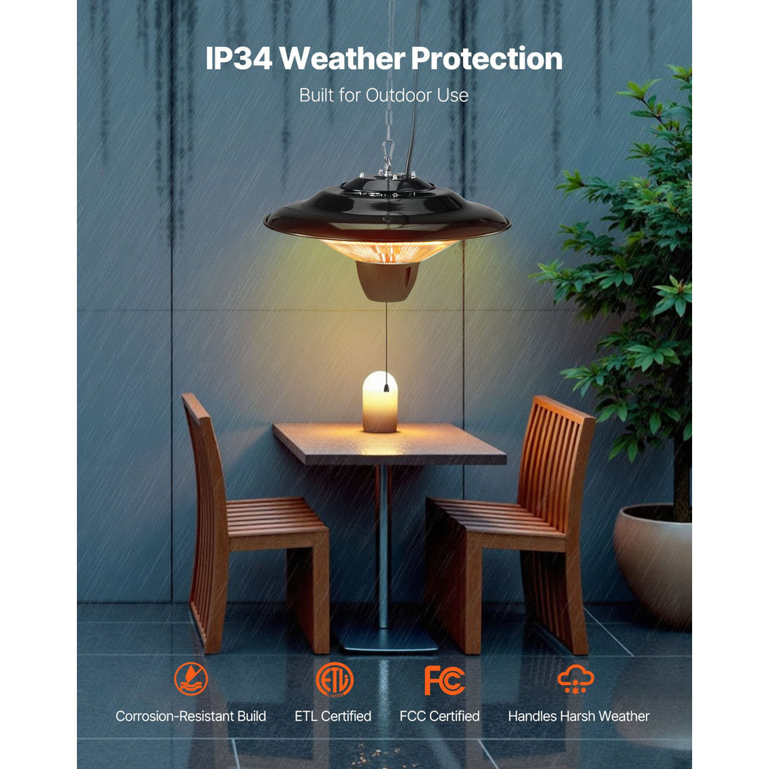Hanging Patio Heater, 1500W Electric Space Infrared Heater, IP34 Protection With 23.6 Inch Pull Cord And Adjustable Chain, For Porch,Patio,Dining Room,Studio Outdoor/Indoor