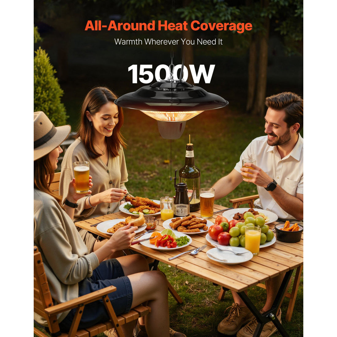 Hanging Patio Heater, 1500W Electric Space Infrared Heater, IP34 Protection With 23.6 Inch Pull Cord And Adjustable Chain, For Porch,Patio,Dining Room,Studio Outdoor/Indoor