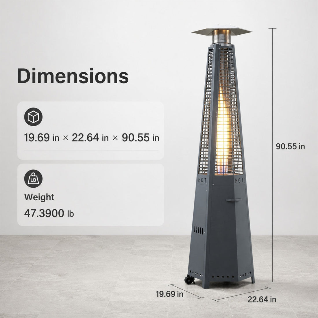 Hexagonal Pyramid Patio Heater, 48000 BTU Stainless Steel Outdoor Propane Heater with Wheels & Waterproof Cover, Adjustable Heat with Tip_x005f_x001e_Over Safety Protection for Backyard Poolside Gathering