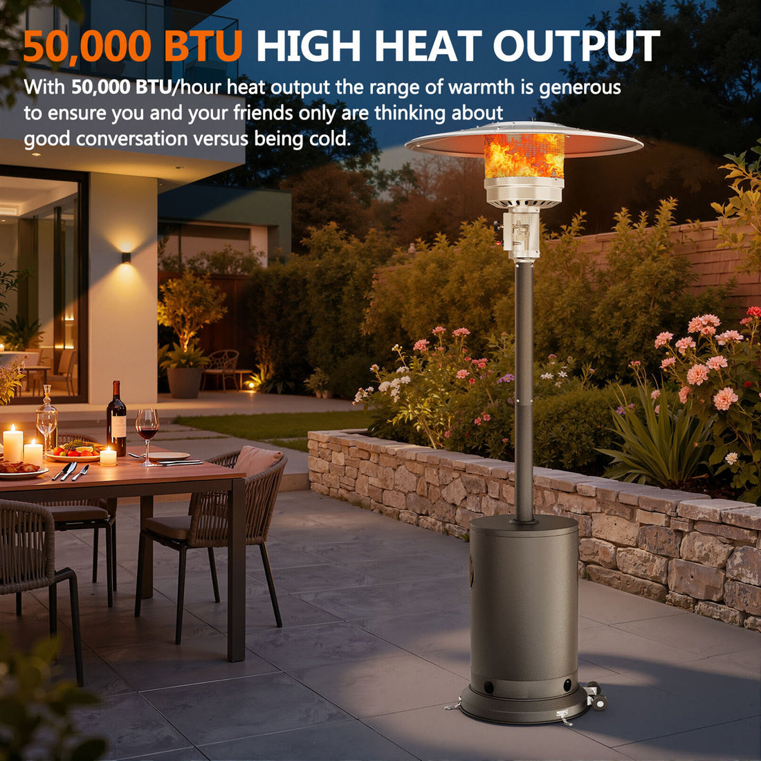 High-Power 48000BTU Outdoor Standing Patio Heater With Safety Features & Piezoelectric Ignition