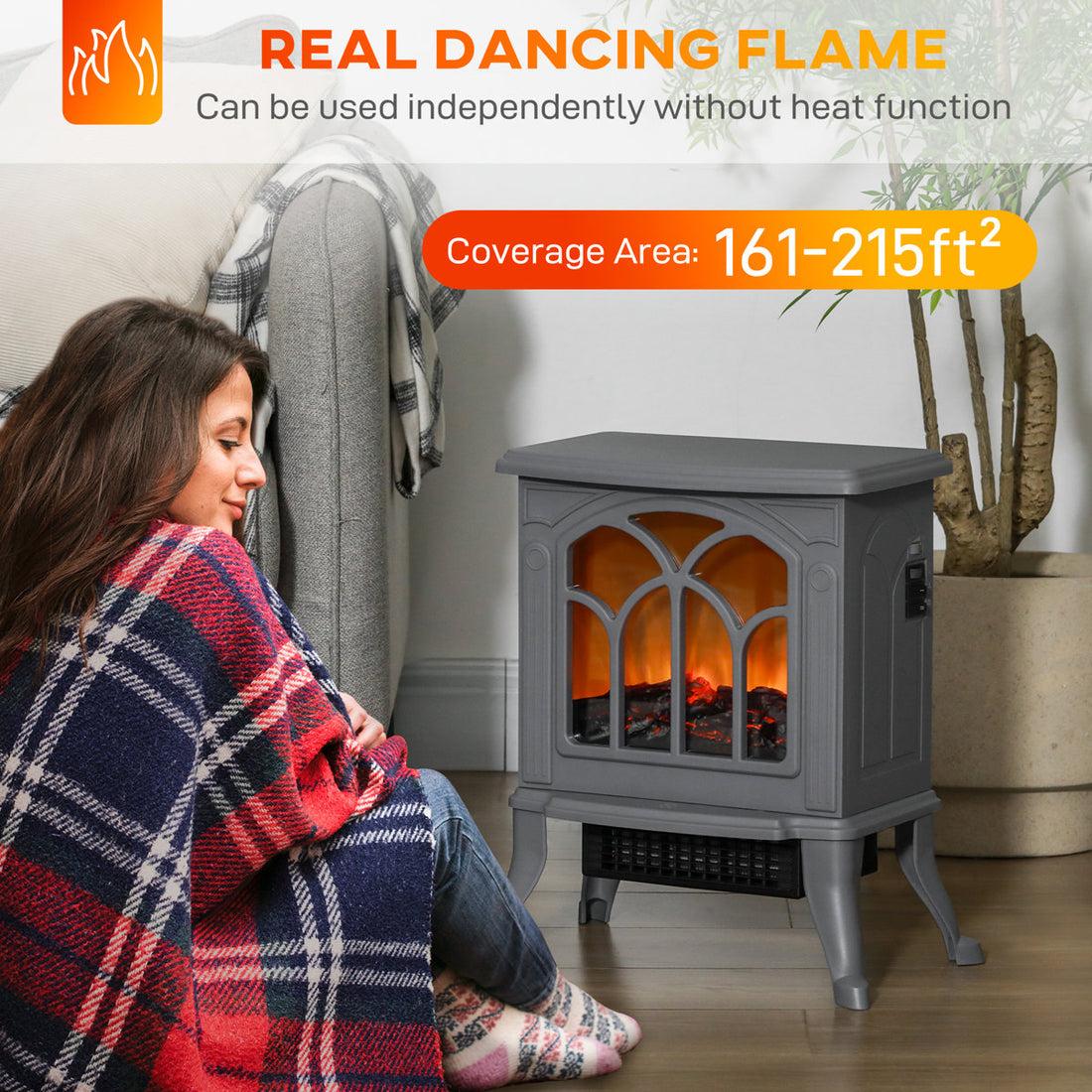Homcom 17 Freestanding Electric Fireplace Stove - Realistic Logs & Flame Effect, 750W/1500W Adjustable Heat, Overheat & Tip-Over Protection, Heats 161-215 Sq. Ft. For Living Room Bedroom