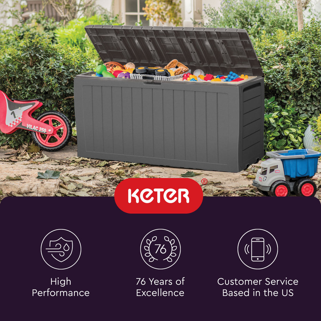 Keter Marvel 71 Gallon Durable Resin Outdoor Storage and Organization Deck Box Ideal For Garden Patio Furniture and Supplies, Light Grey