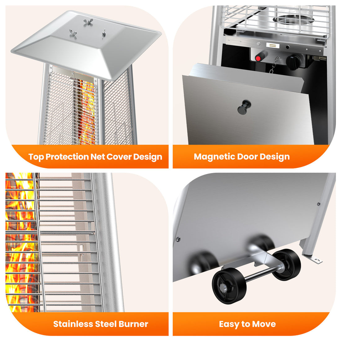 Outdoor 48,000 BTU Pyramid Propane Gas Patio Heater with Wheels, Powder-Coated Iron Frame