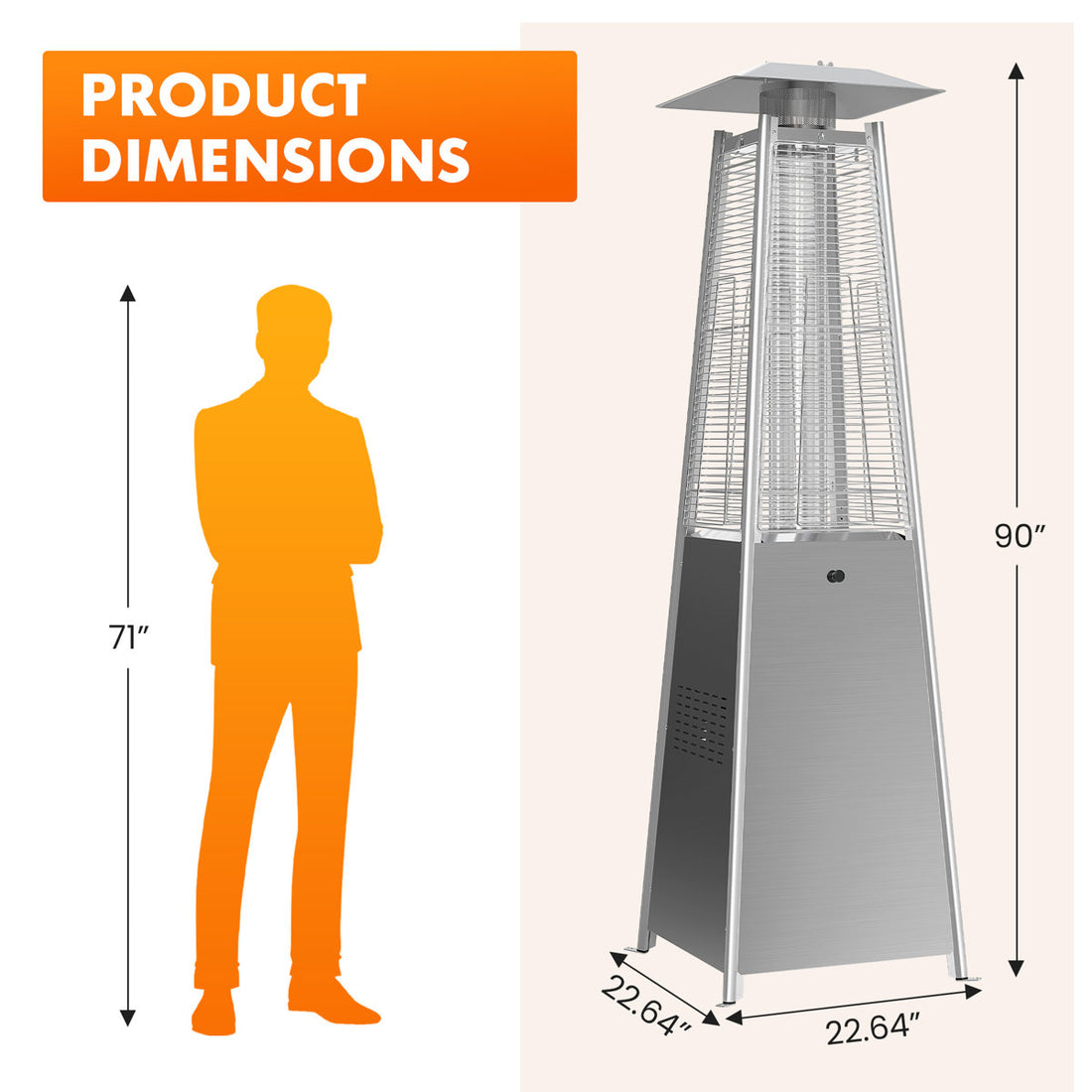 Outdoor 48,000 BTU Pyramid Propane Gas Patio Heater with Wheels, Powder-Coated Iron Frame