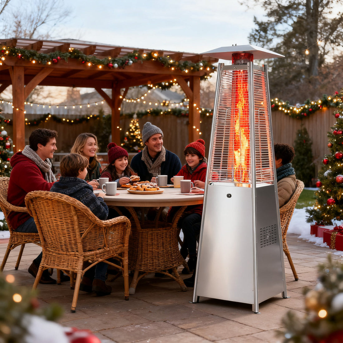 Outdoor 48,000 BTU Pyramid Propane Gas Patio Heater with Wheels, Powder-Coated Iron Frame