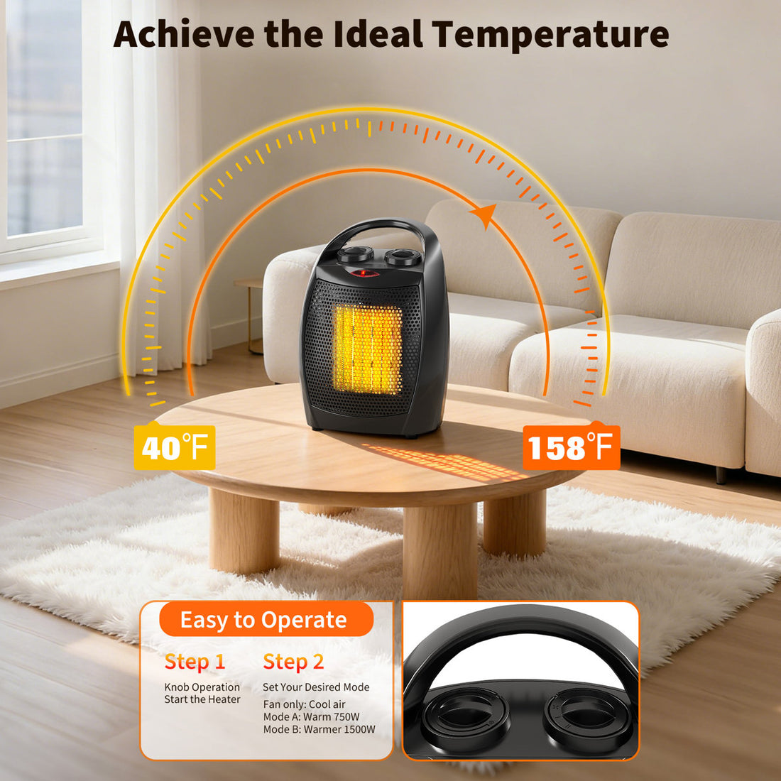 Portable Electric Space Heater - 1500W/750W Thermostat, 2-in-1 Fast Heating Ceramic Desk Heater & Fan