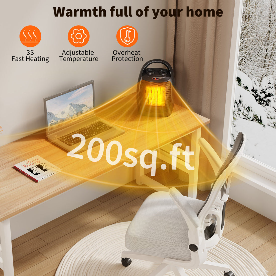 Portable Electric Space Heater - 1500W/750W Thermostat, 2-in-1 Fast Heating Ceramic Desk Heater & Fan