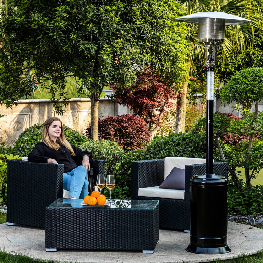 Portable Outdoor Patio Propane Heater 47,000 , 88 Inch Standing Gas With Wheels, Stainless Steel Burner, For Restaurant - Black Outside Party, Garden