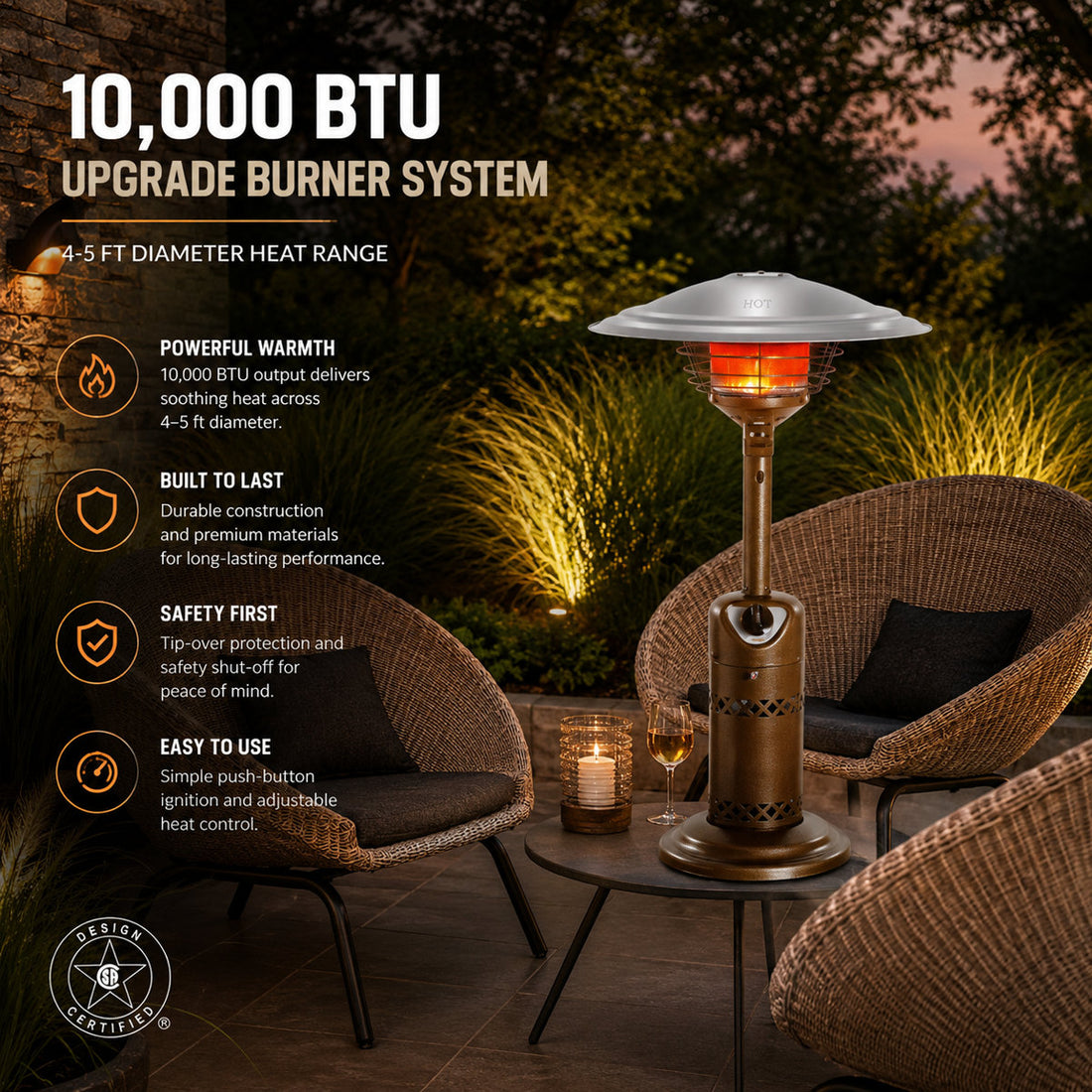 Portable Propane Tabletop Patio Heater with Safety Shut-Off & 10,000 BTU Output ¨C Hammered Bronze Finish