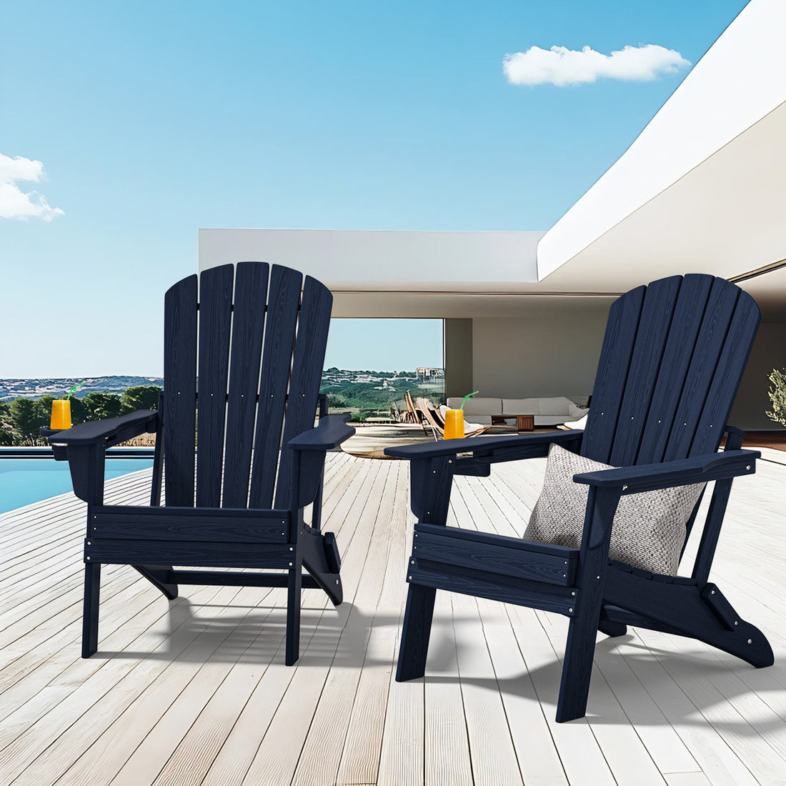 Set of 2 Folding Adirondack Chairs, Wood Texture, Cup Holder, All-Weather HDPE, Navy