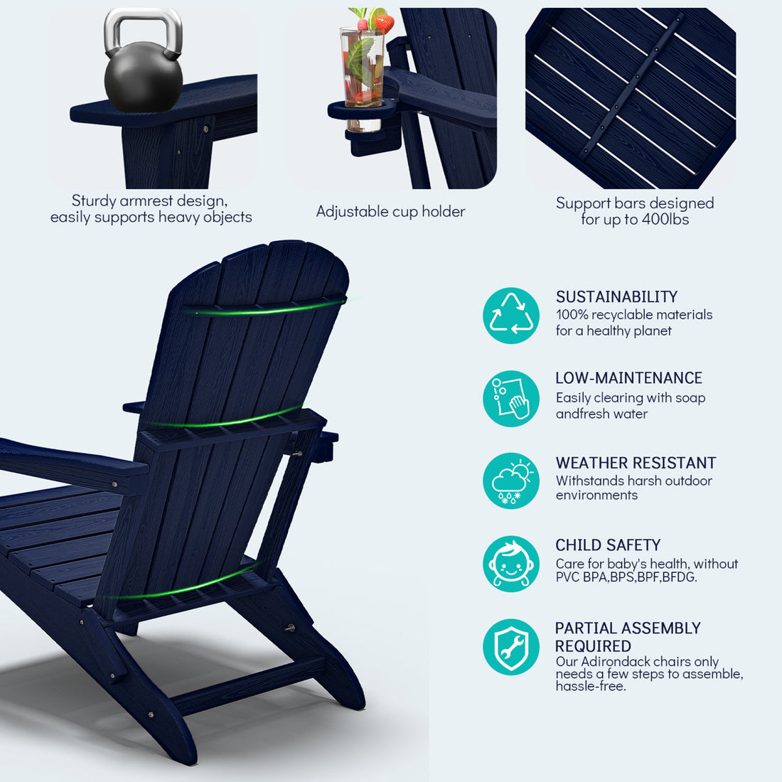 Set of 2 Folding Adirondack Chairs, Wood Texture, Cup Holder, All-Weather HDPE, Navy
