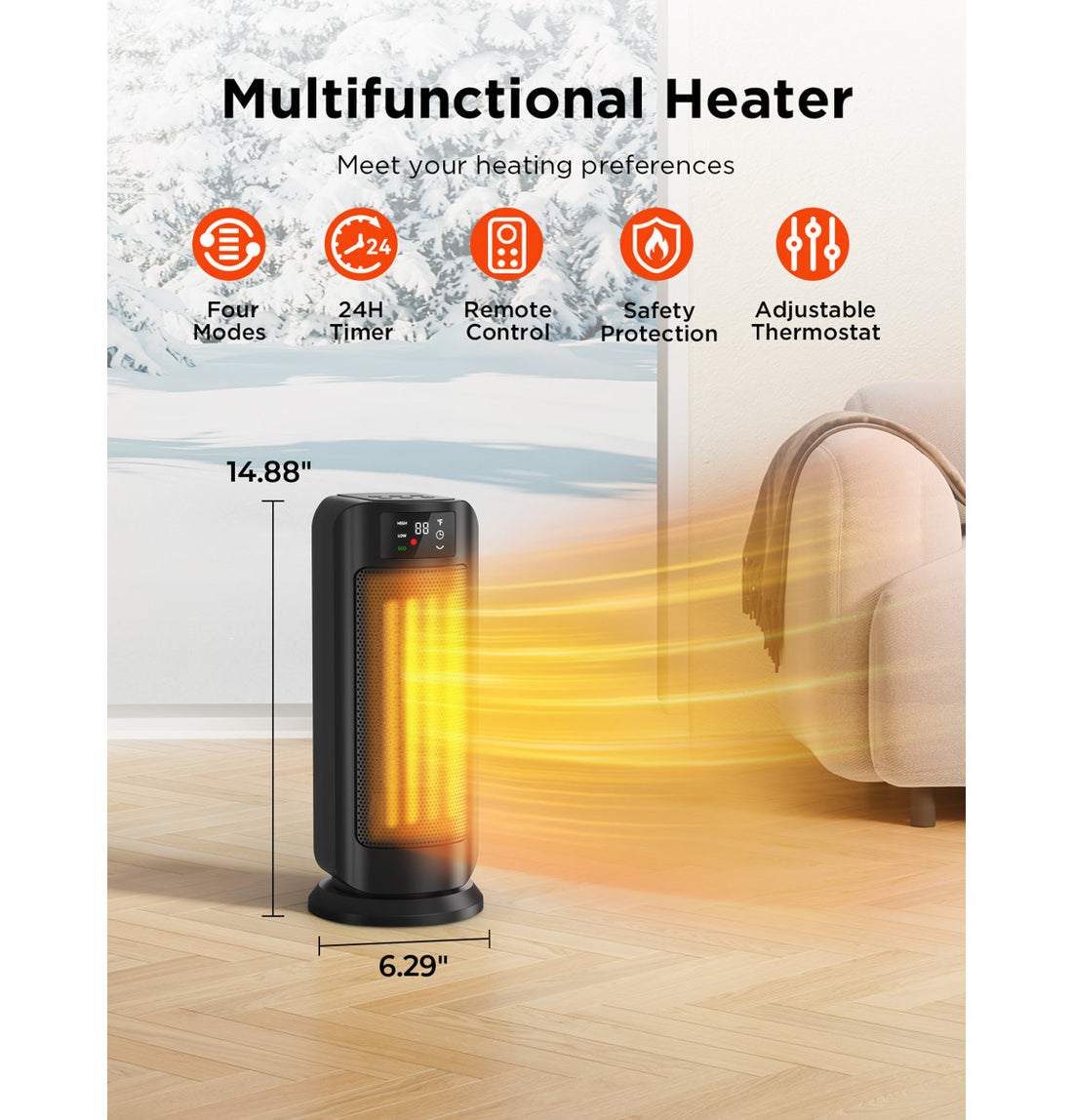 Space Heaters for Indoor Use, 1500W Fast Heating, Portable Ceramic Heater with Thermostat, 4 Modes, Timer, Oscillating Electric Room Heater with Remote, Safe for Office Bedroom Large Room Use