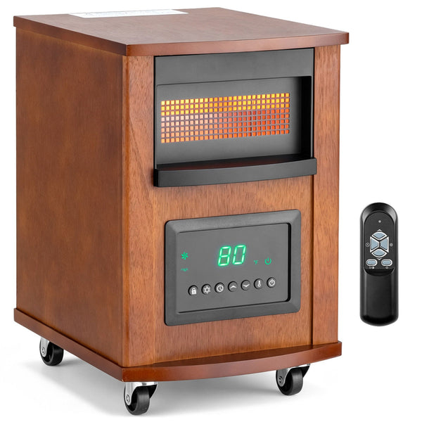 Wooden Electric Space Heater with Casters, Remote Control & Touch Panel, 3 Heat Settings, 12H Timer, Overheat Protection, Whisper Quiet 35dB Infrared Heater