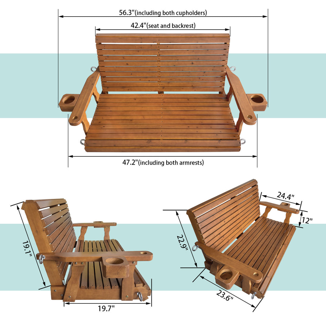 Wooden Porch Swing 2-Seater, Bench Swing with Cupholders