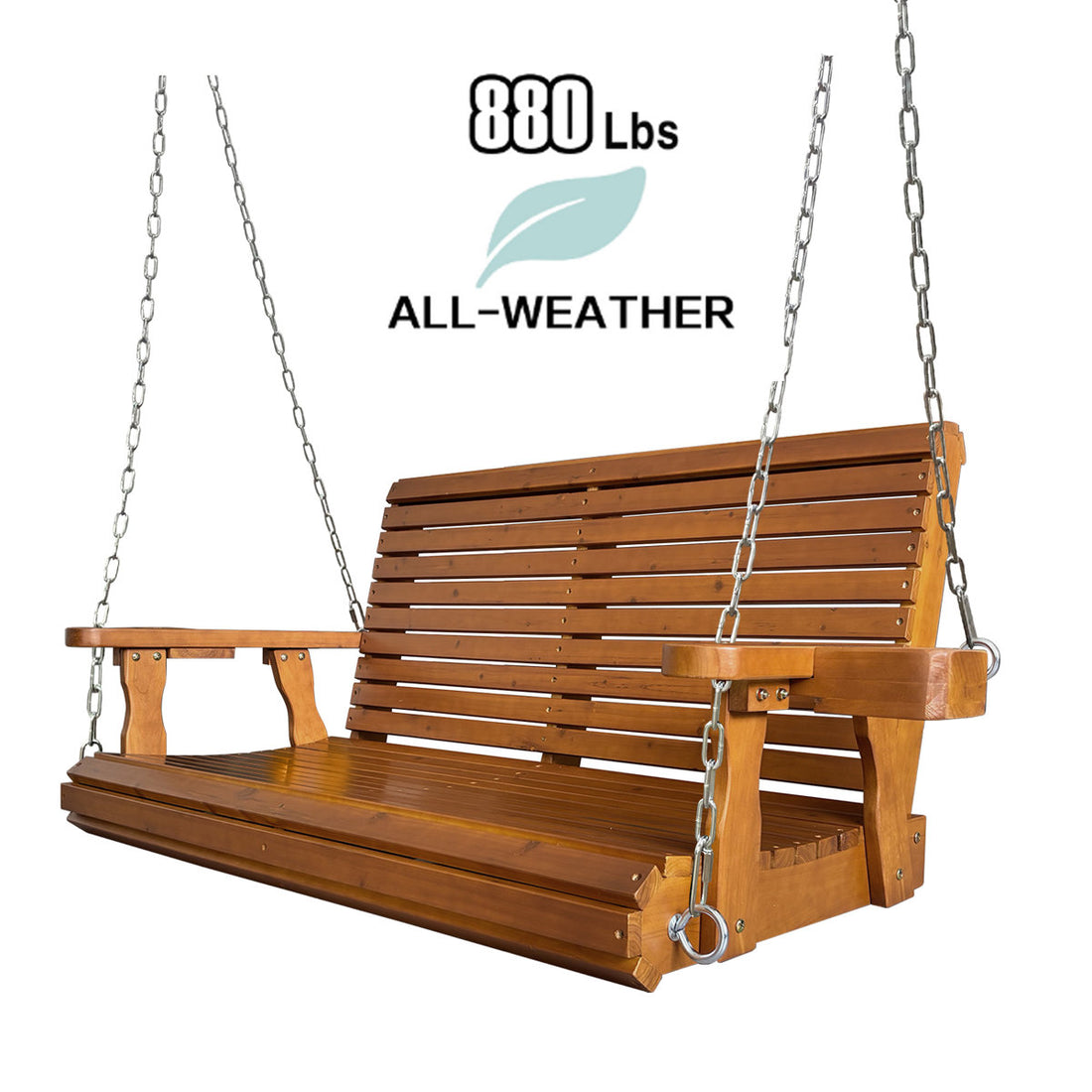 Wooden Porch Swing 2-Seater, Bench Swing with Cupholders