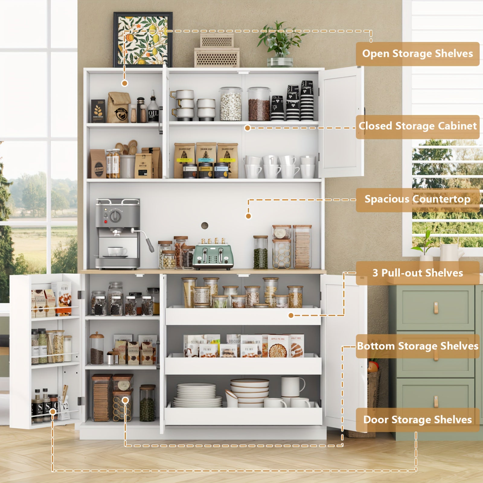 tall pantry storage cabinet 3 pull shelves modern kitchen