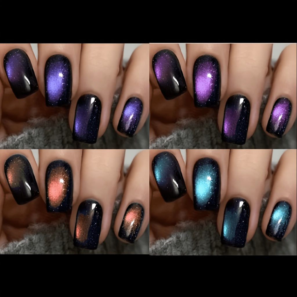 96pcs short square glossy cat eye press nails blue purple