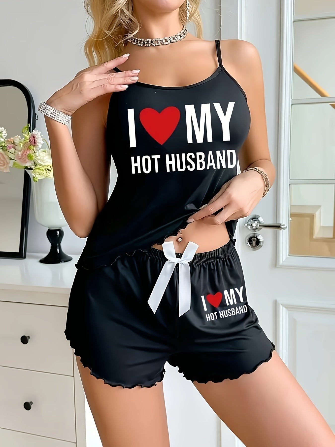 womens love hot husband print tank top shorts set black