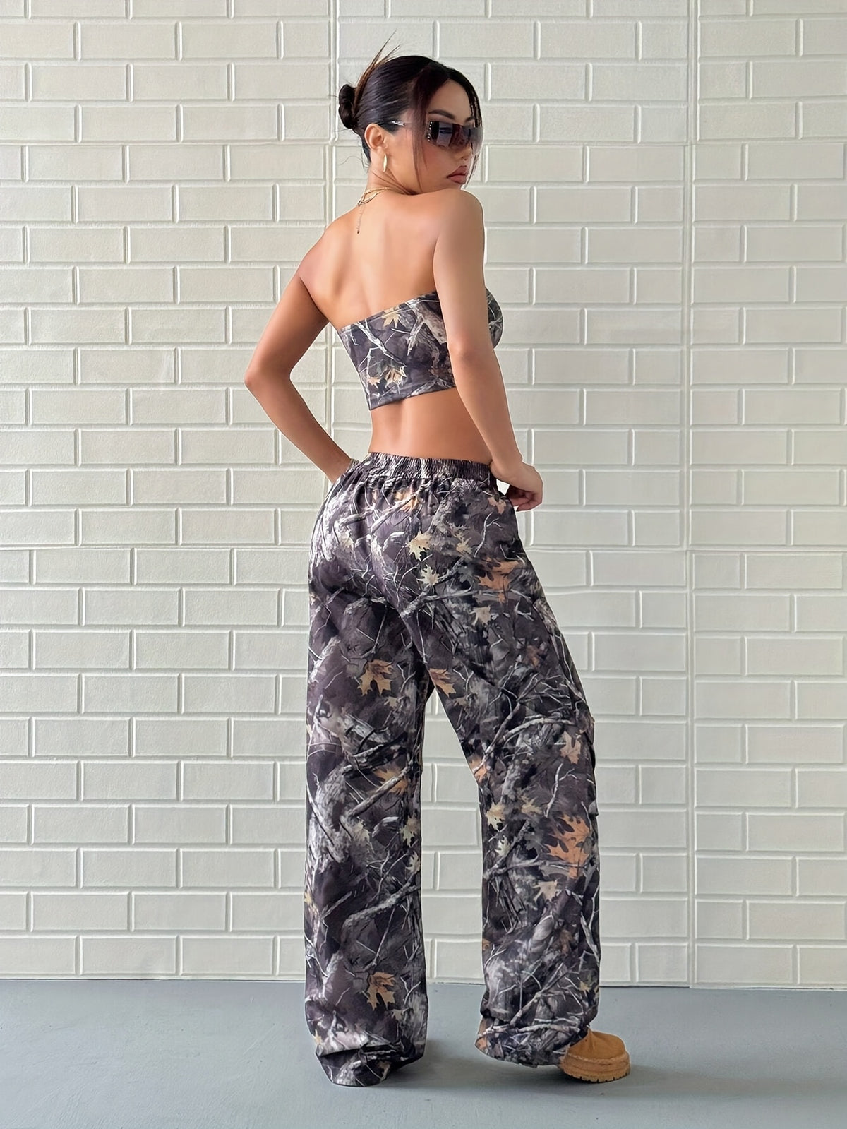 2pcs womens vintage   print crop top casual pants set