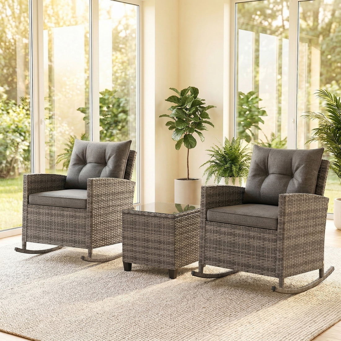 3pcs outdoor rocking chair set rattan wicker patio