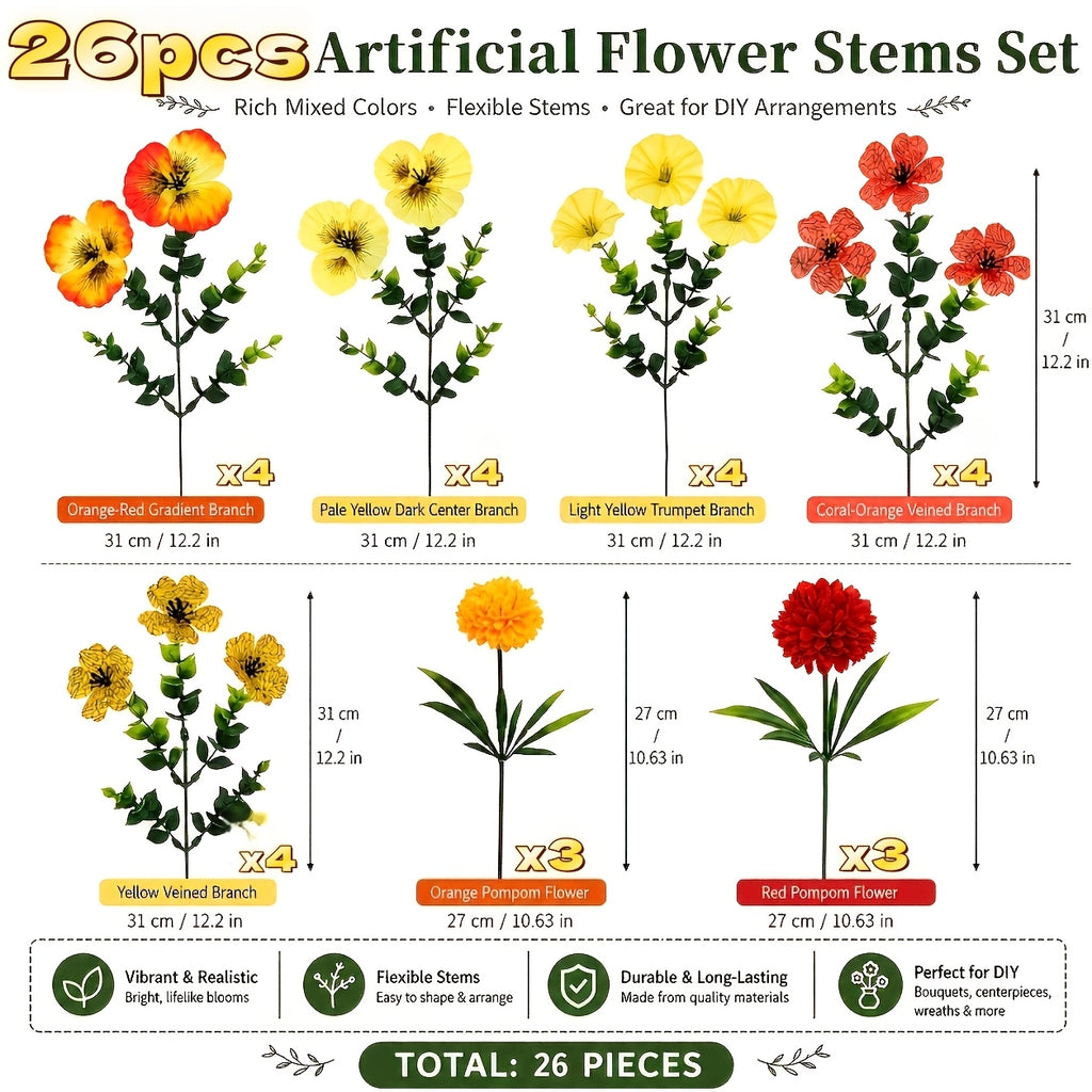 26pcs autumn artificial flowers yellow red orange mixed