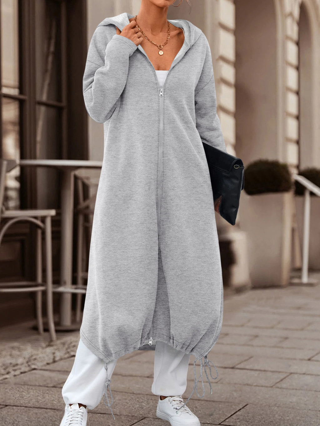 autumn winter womens slightly elastic long hooded zip coat
