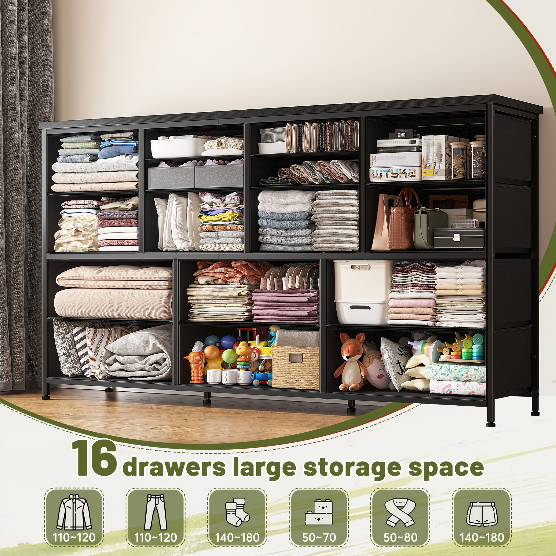 fabric drawer storage cabinet 16 drawers long black wood