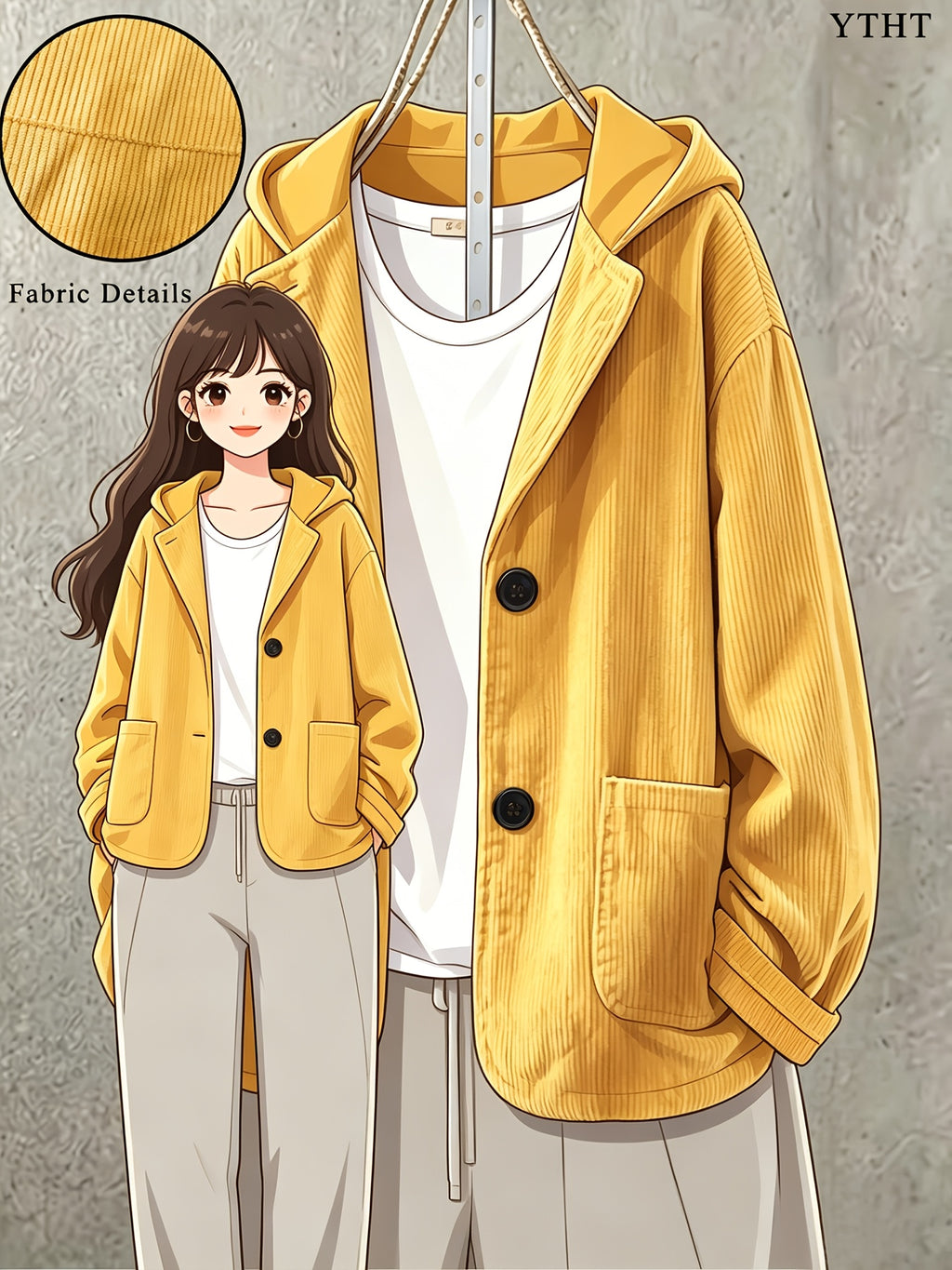 plus size womens loose retro textured corduroy hooded jacket